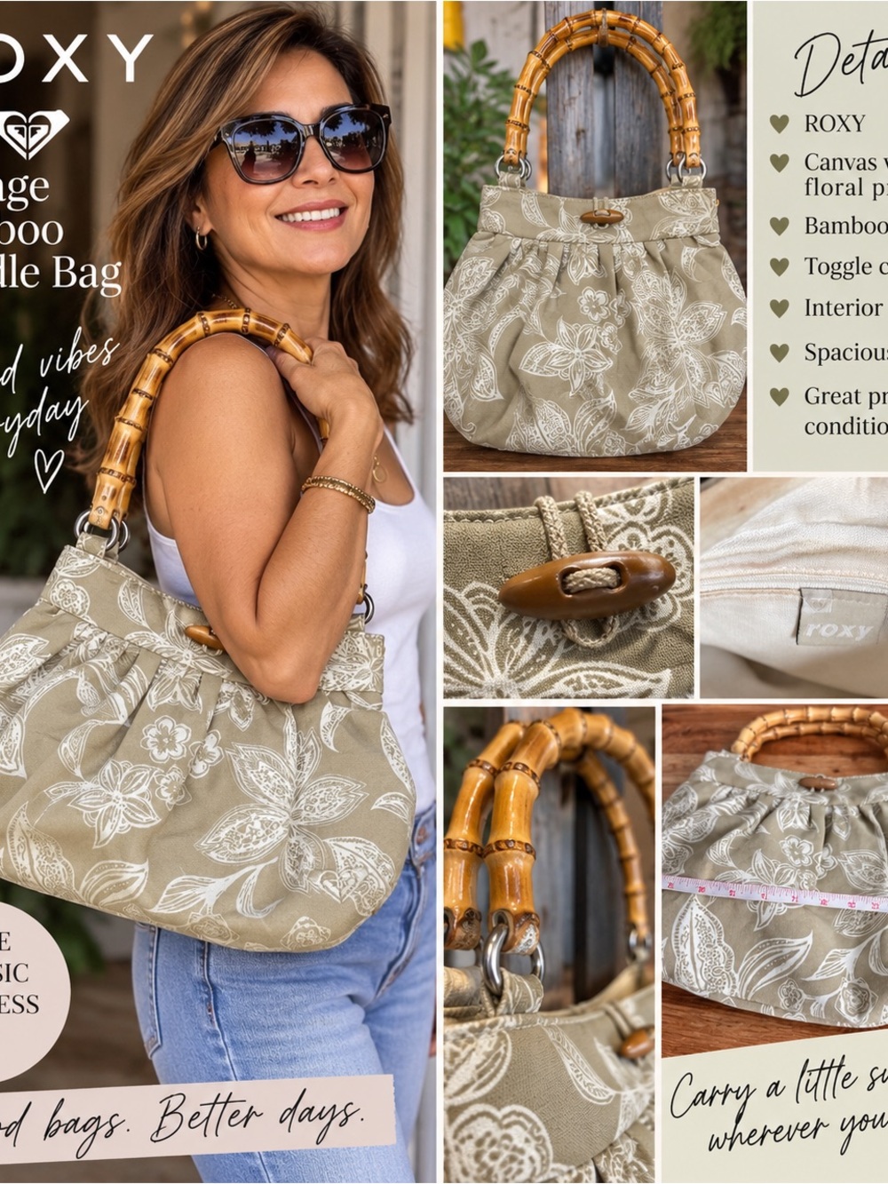 Roxy Beige Floral Canvas Shoulder Bag with Bamboo Handles
